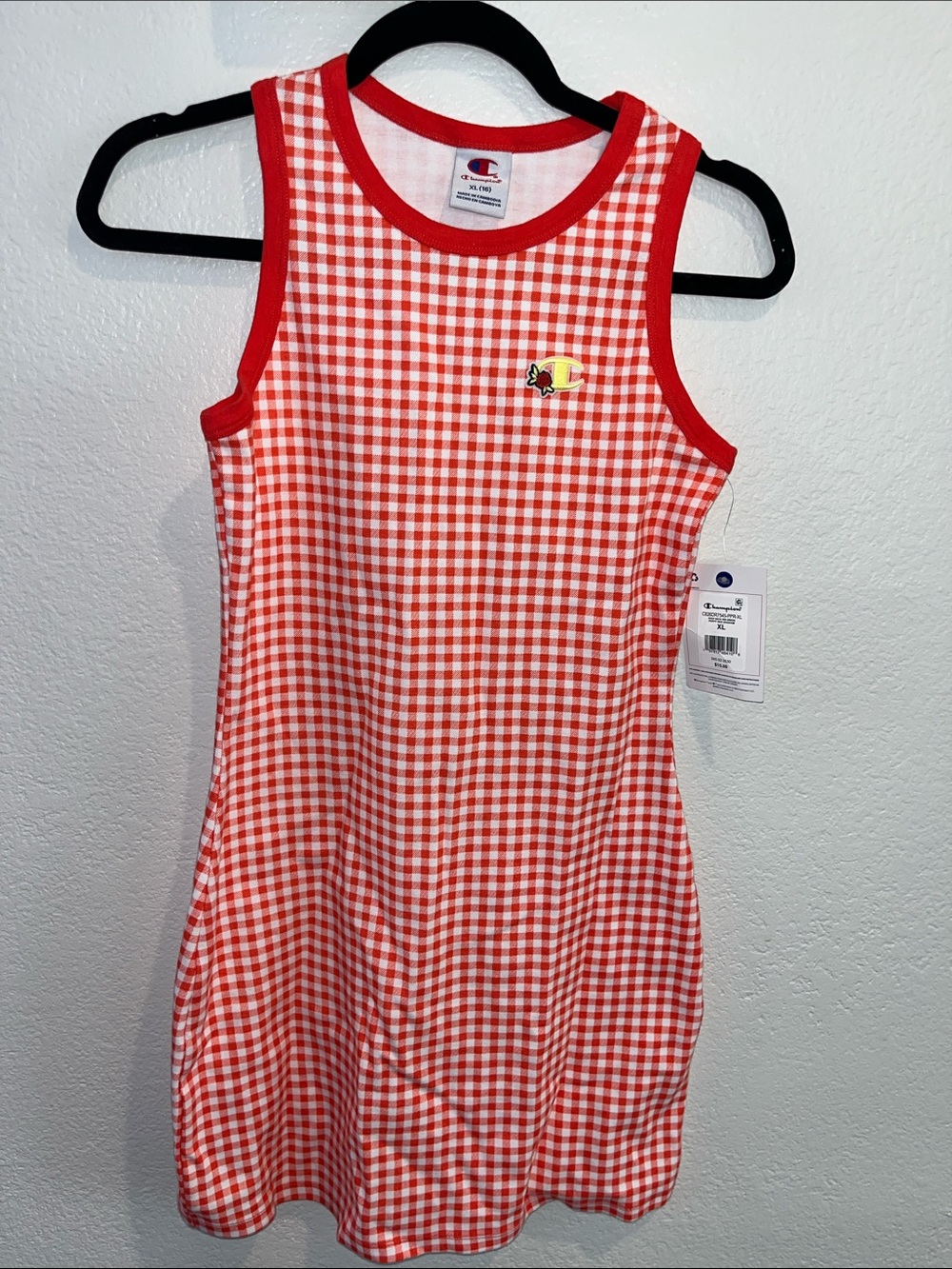 Champion Orange Red & White Gingham high neck rib Tank Dress with Patch